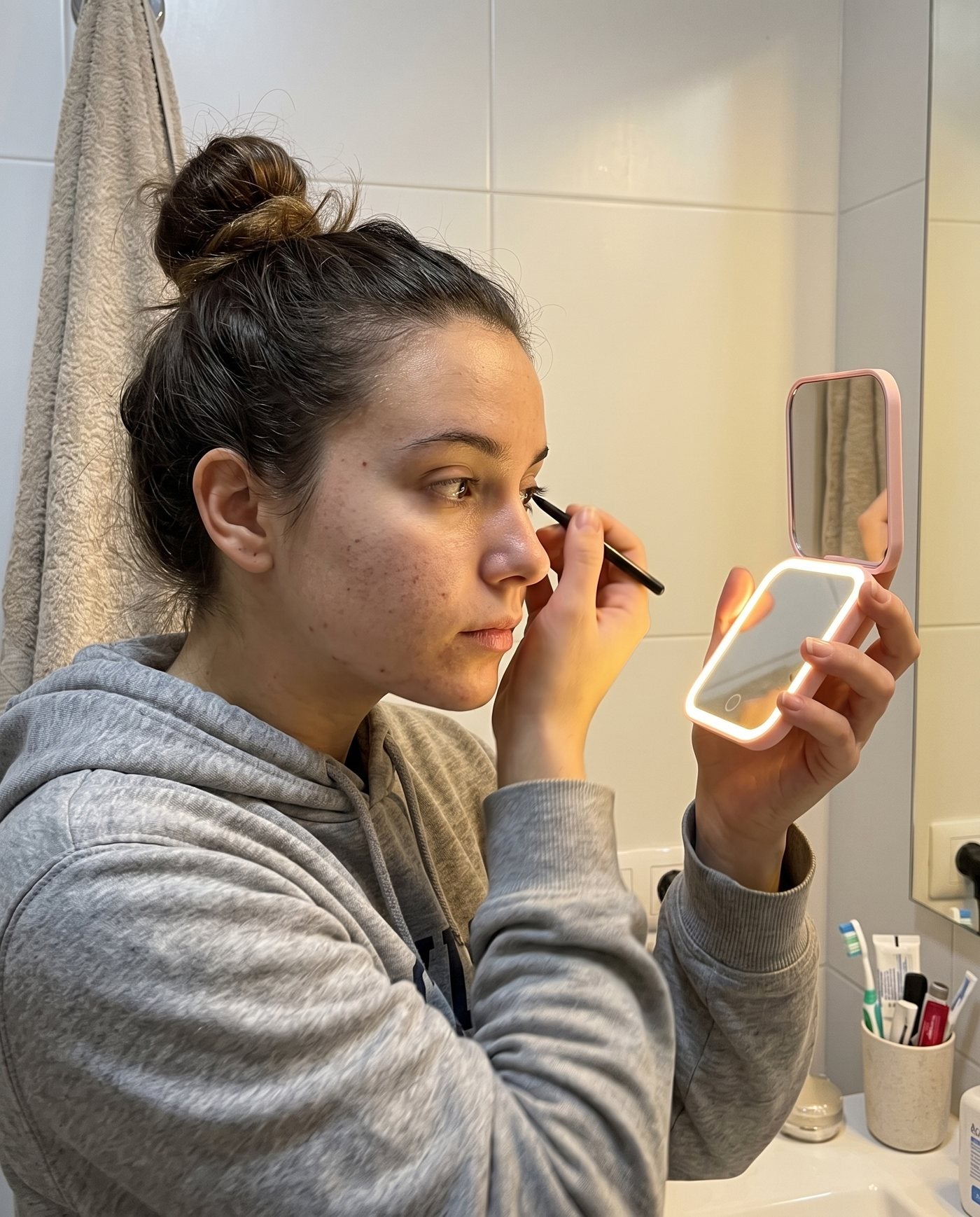Chica maquillándose en el baño con el espejo LED NOLESSIA