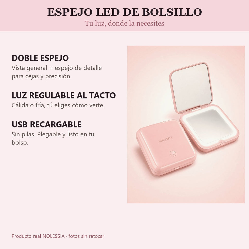 Espejo LED NOLESSIA: doble espejo, luz regulable, USB recargable