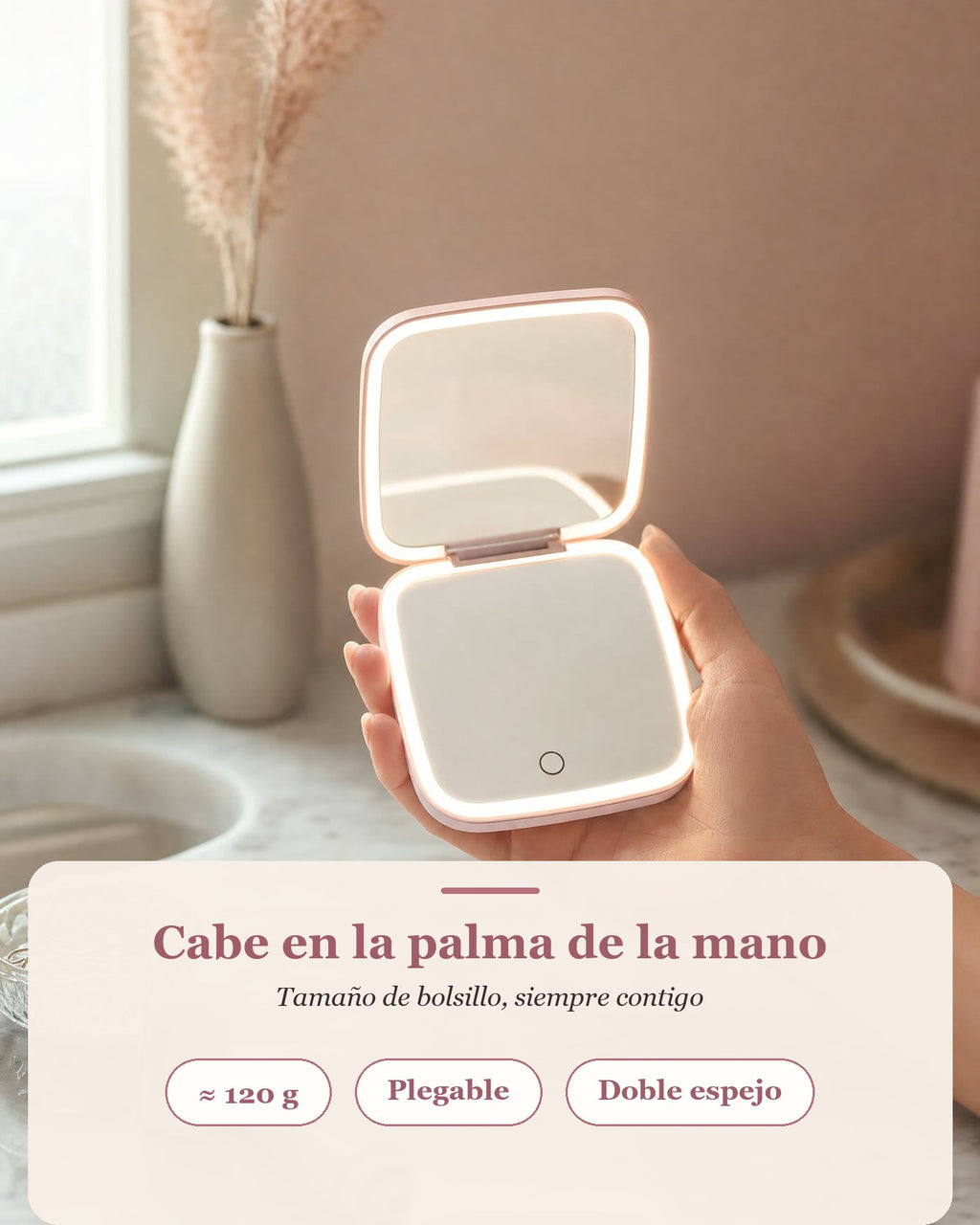 Espejo LED NOLESSIA en la mano: cabe en la palma, plegable y de bolsillo, aprox. 120 g