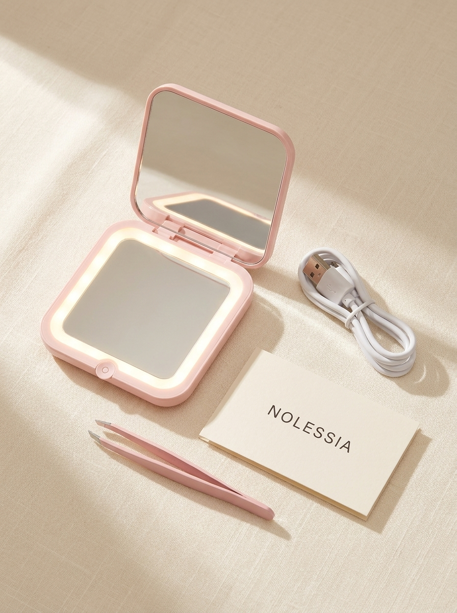 Contenido de la caja: espejo LED NOLESSIA, cable USB, pinzas y guía