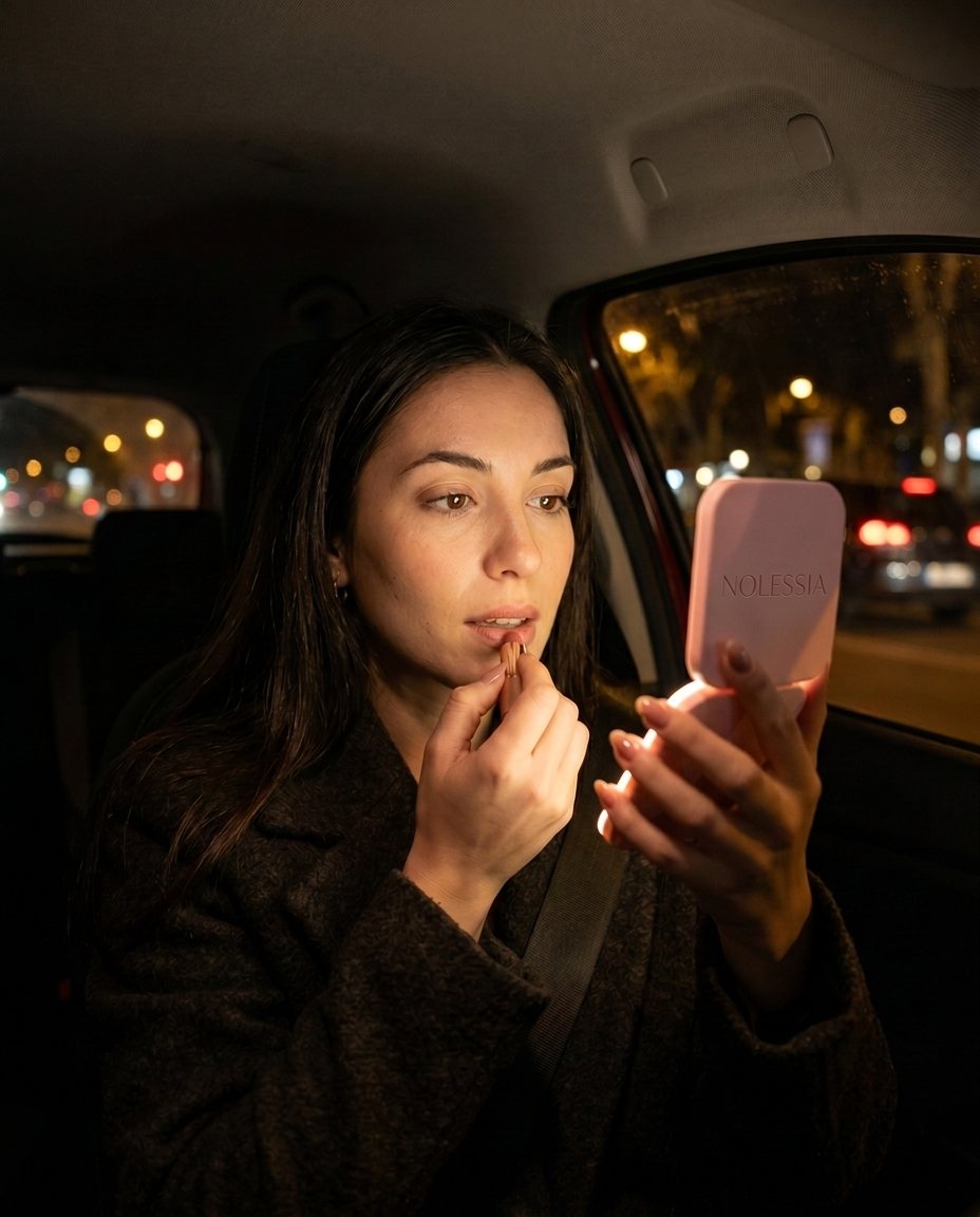 Retoque de maquillaje en el coche de noche con el espejo LED NOLESSIA
