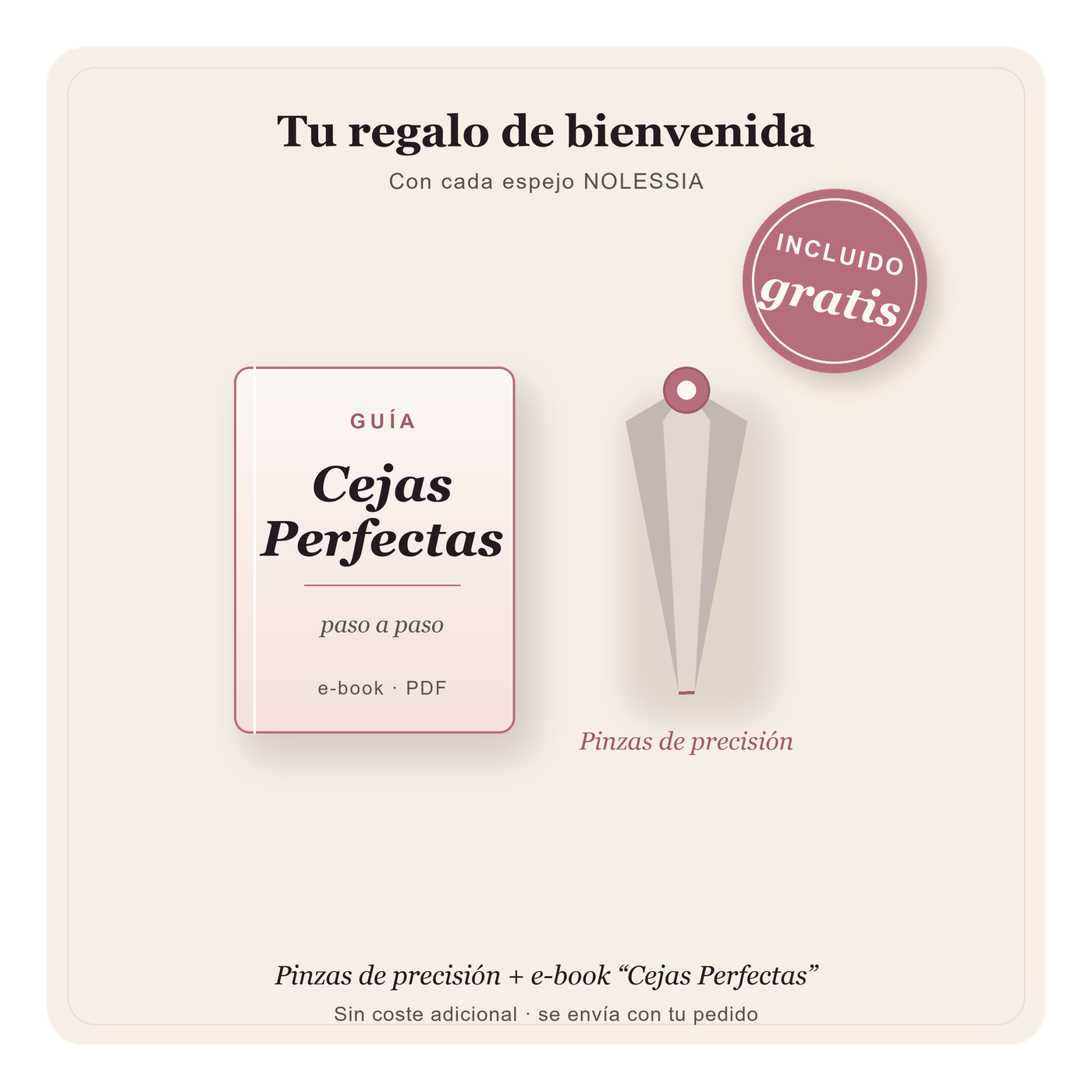Espejo LED NOLESSIA presentado como regalo con las pinzas y la guía